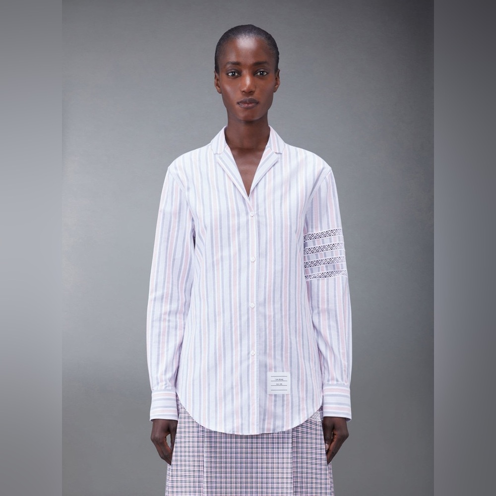 NWT $890 Thom Browne Stripe Oxford 4-Bar Lapel Collar Shirt